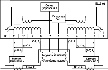 Схема расположения выводов и подключения внешних цепей БШД-01